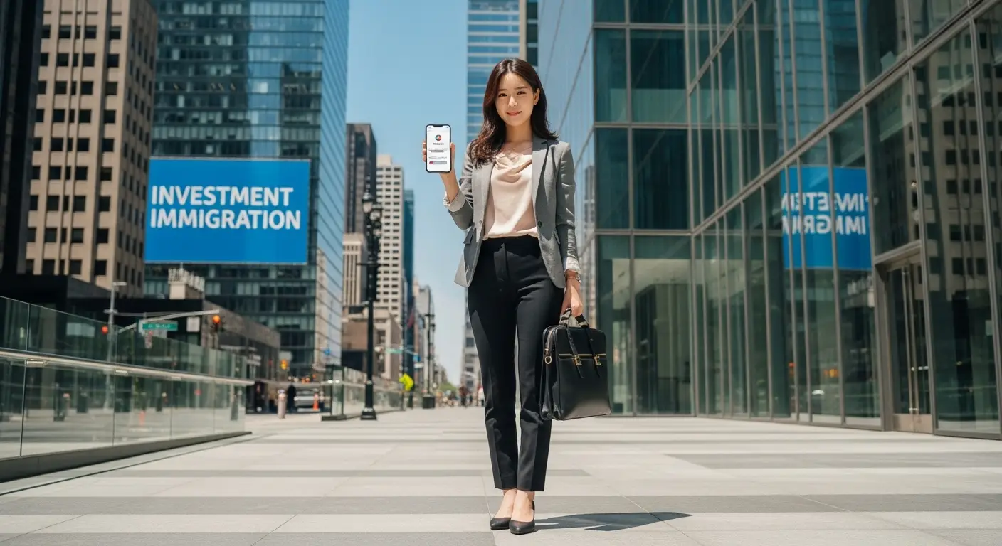 미국 빌딩 앞에 서 있는 여성