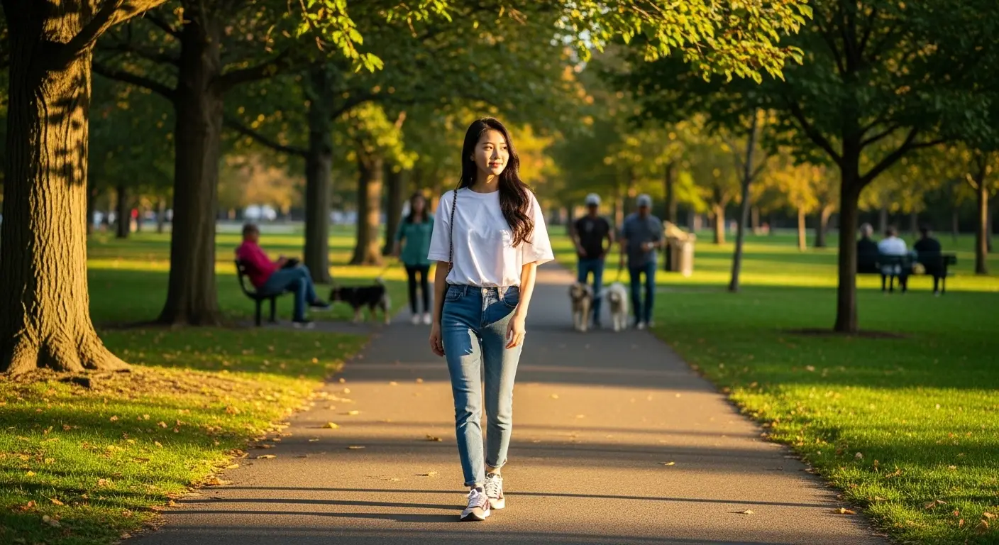 미국 공원을 걷는 여성