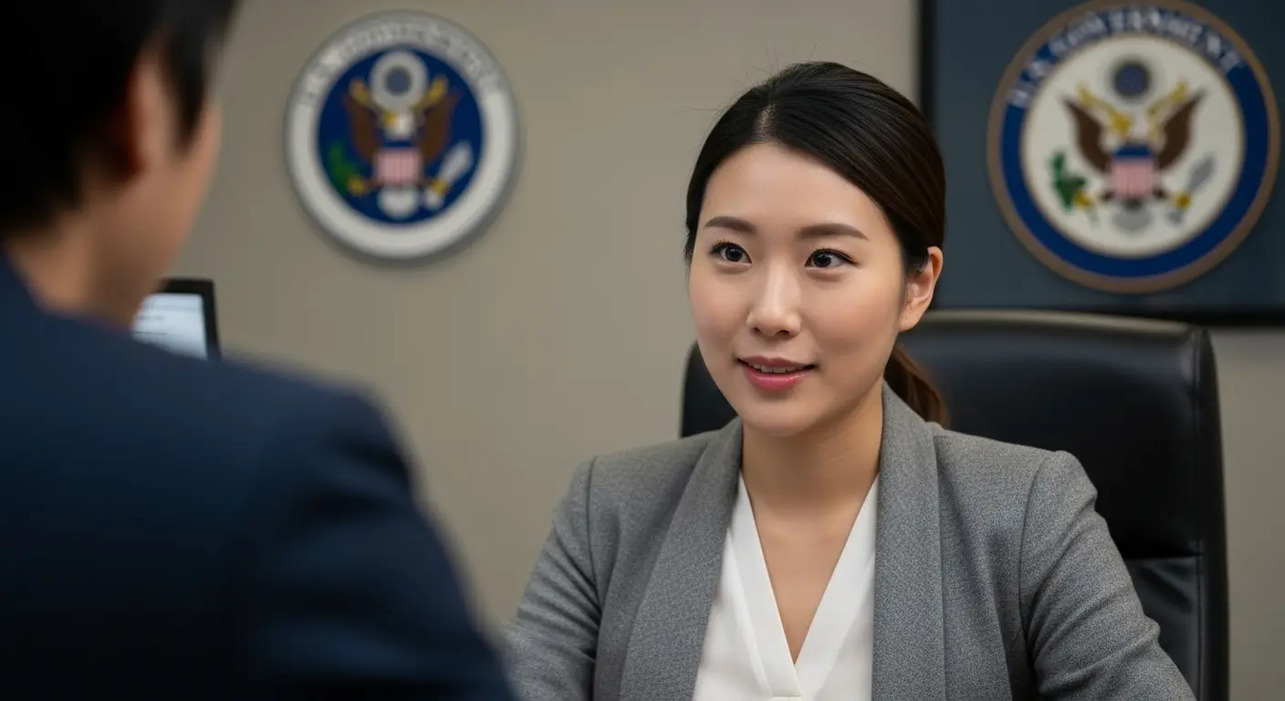 미국 관공서에서 상담하는 여성
