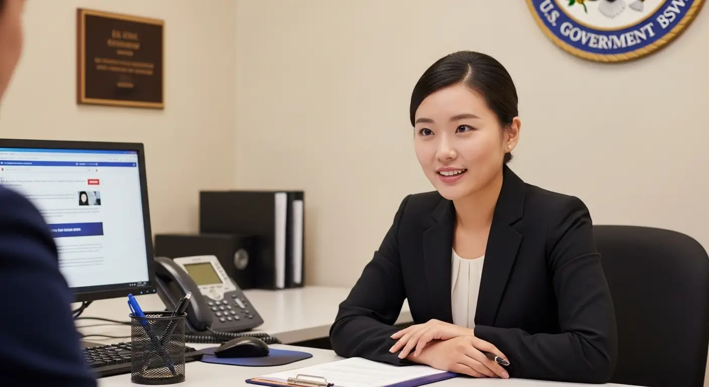 미국 관공서에서 상담하는 여성