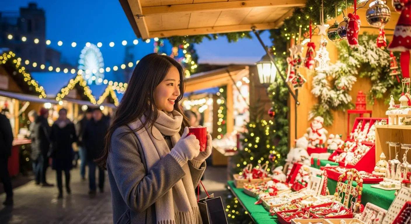 크리스마스 마켓에서 쇼핑하는 여성