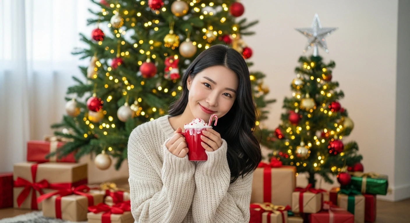 크리스마스트리 앞에 앉아 있는 여성