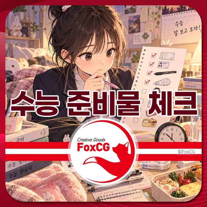 수능 준비물을 체크하는 학생의 모습, 체크리스트와 필기구가 있는 책상 배경. 수능 당일 준비물과 반입 금지 물품 안내와 관련된 이미지.