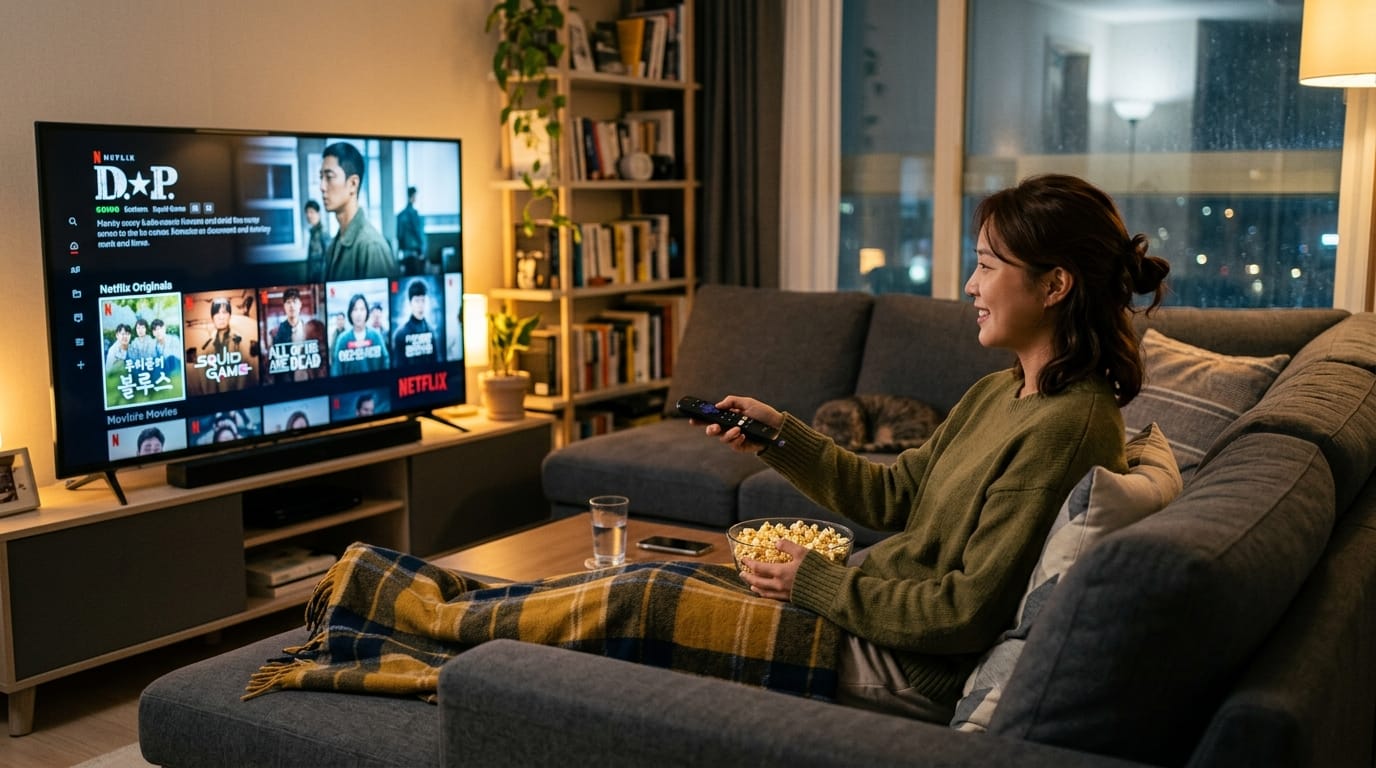 거실에서 편안하게 소파에 앉아 넷플릭스를 시청하는 여성, 팝콘과 음료를 곁들여 즐기는 모습. 배경에는 책장이 있고, 창 밖으로 도시의 야경이 보임.