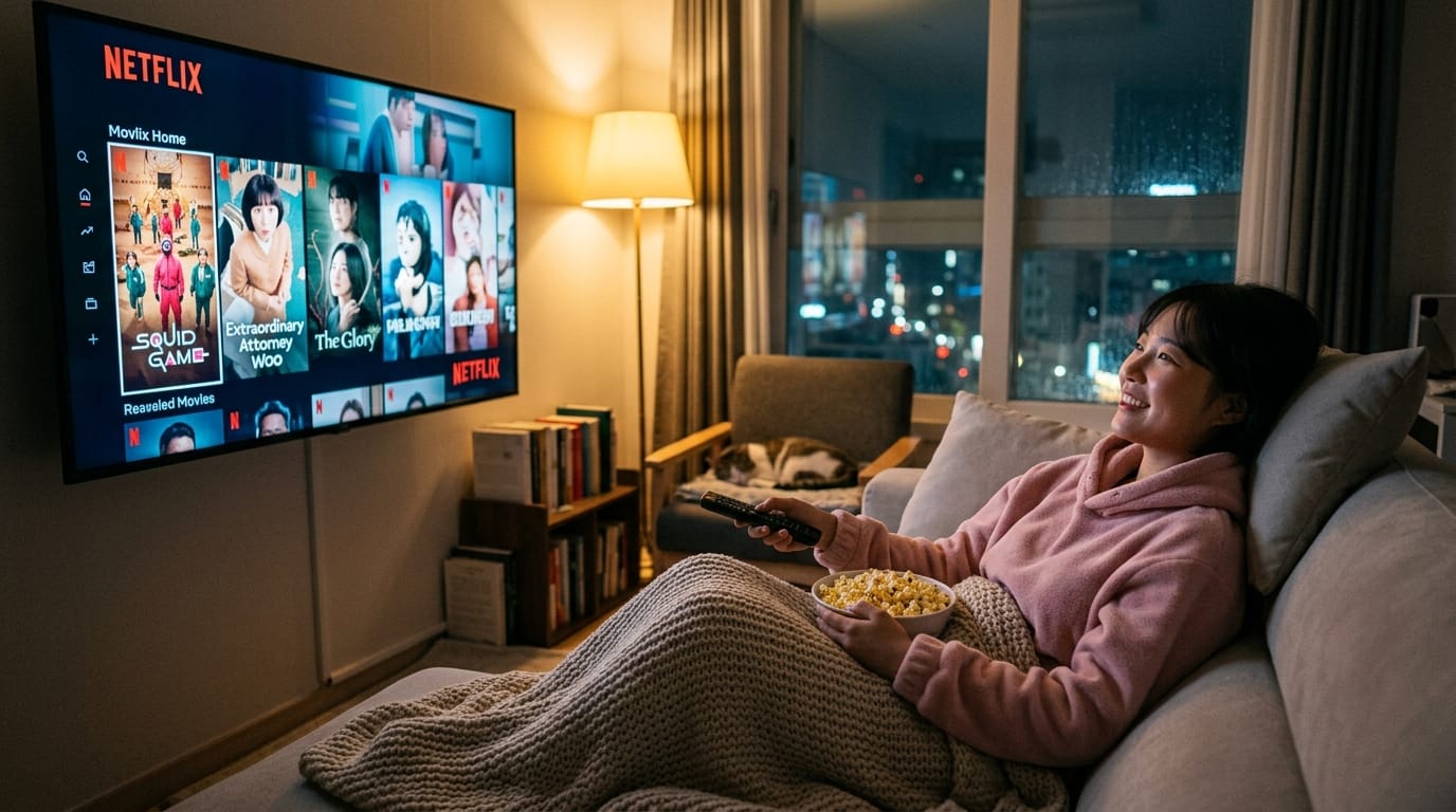 넷플릭스에서 영화를 시청하는 여성, 소파에 앉아 담요를 덮고 팝콘을 먹으며 리모컨을 들고 웃고 있는 모습. 배경에는 도시의 야경과 함께 넷플릭스 화면이 보임.