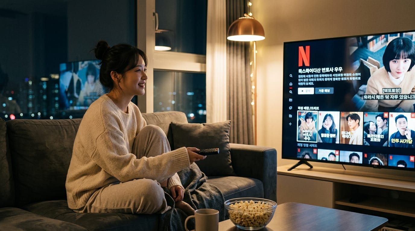 여성 인물이 소파에 앉아 넷플릭스를 시청하며 리모컨을 들고 있는 모습. 테이블에는 팝콘이 놓여 있고, 창 밖으로 도시의 야경이 보인다.