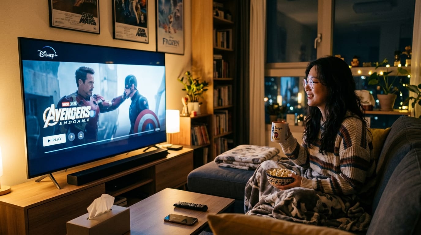 여자가 소파에 앉아 영화 '어벤져스: 엔드게임'을 디즈니 플러스에서 시청하고 있으며, 팝콘과 음료를 들고 편안한 분위기에서 즐거운 시간을 보내고 있는 모습. 배경에는 책장과 조명이 있는 아늑한 거실이 보임.