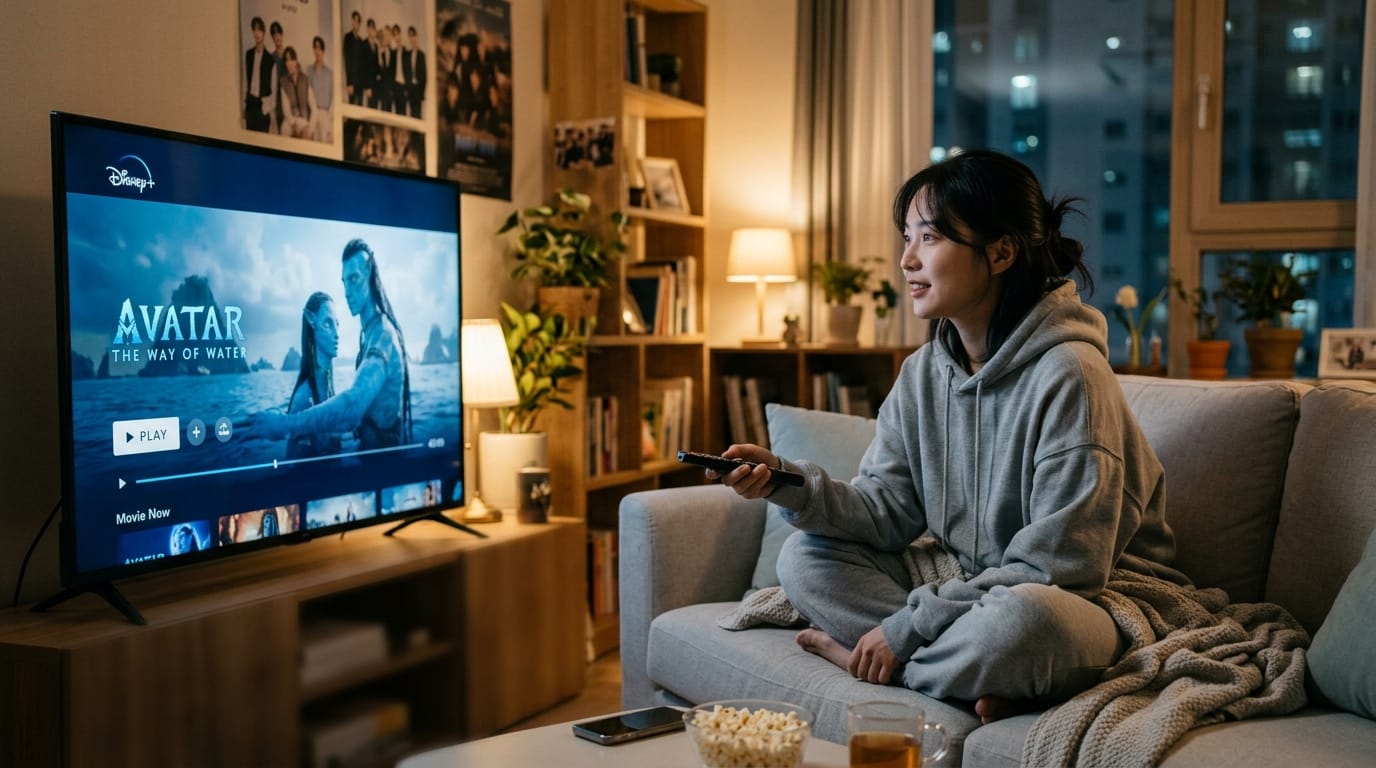 디즈니+에서 '아바타: 물의 길'을 감상하는 편안한 복장의 여성. 거실에서 소파에 앉아 리모컨을 들고 있으며, 주변에는 팝콘과 음료가 놓여 있다.