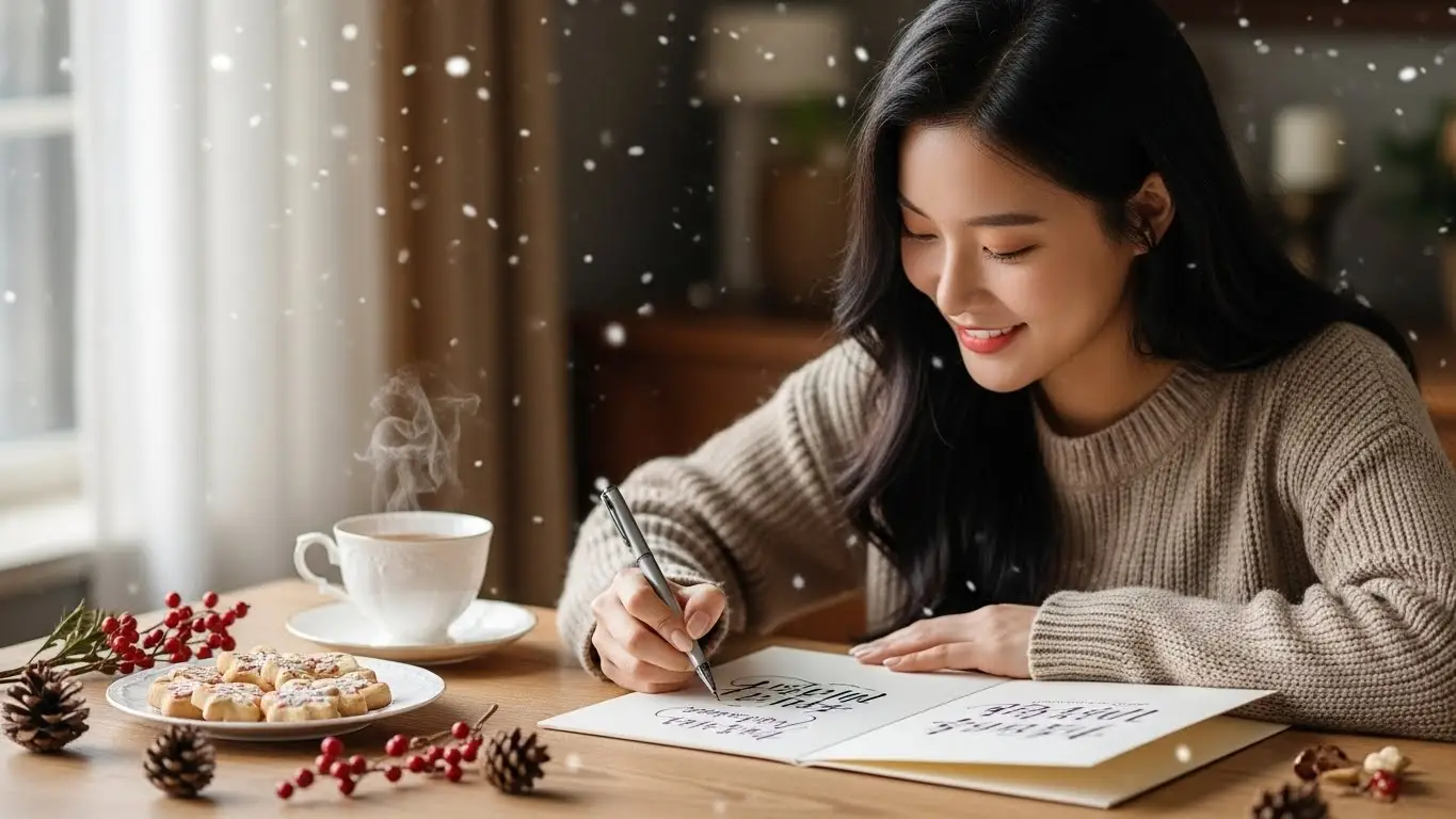 12월 연말 인사말을 작성하는 여성