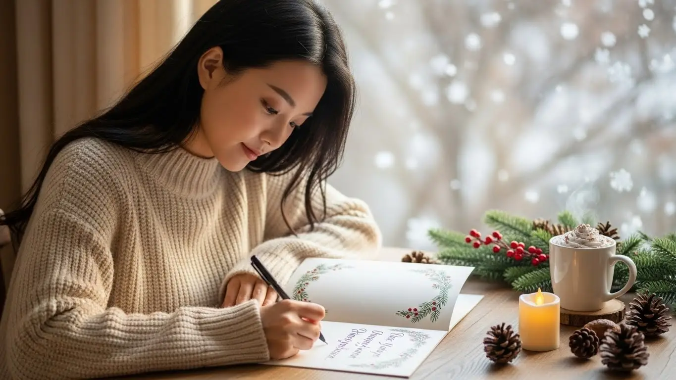 12월 연말 인사말을 작성하는 여성