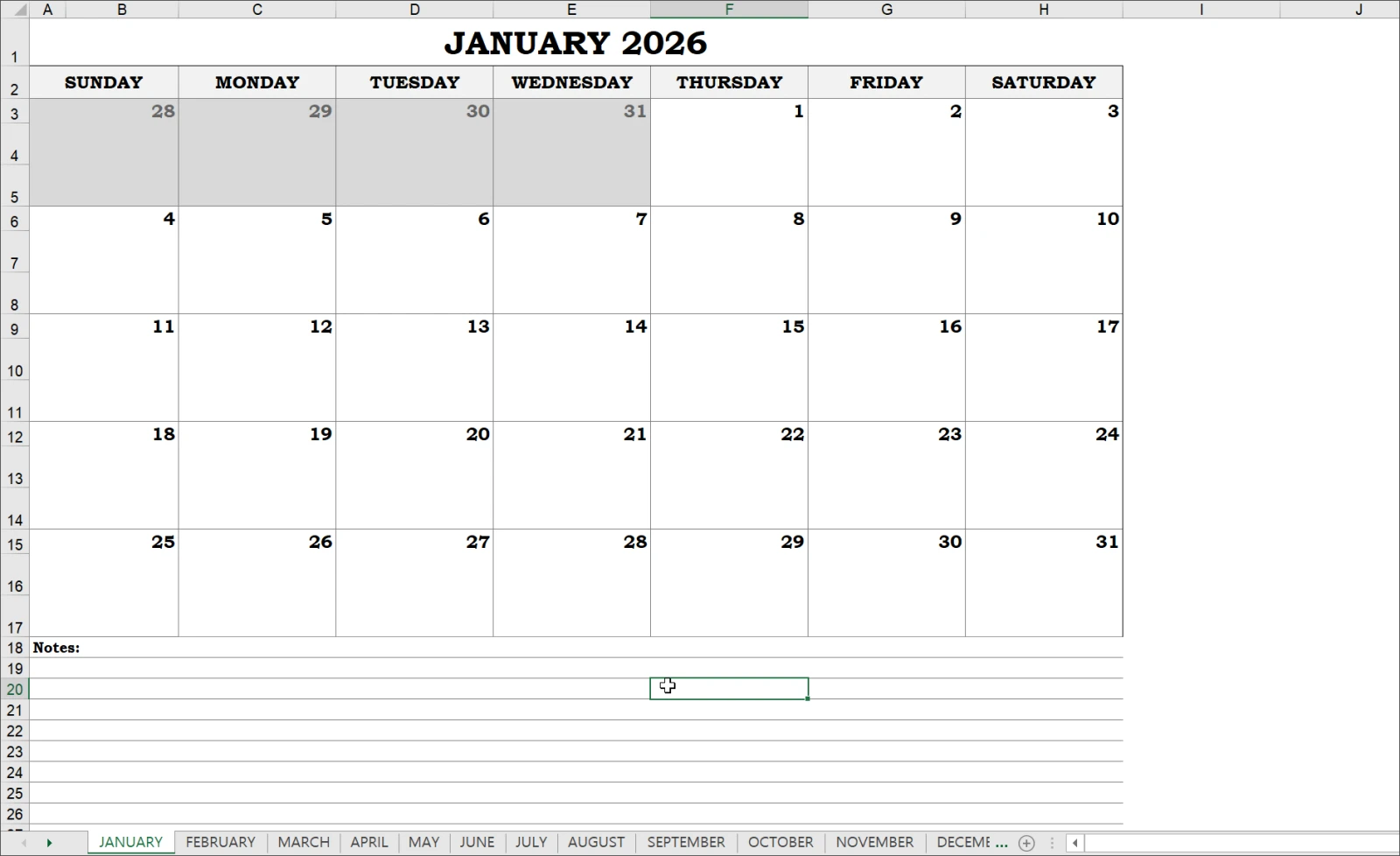 2026 달력 엑셀 파일