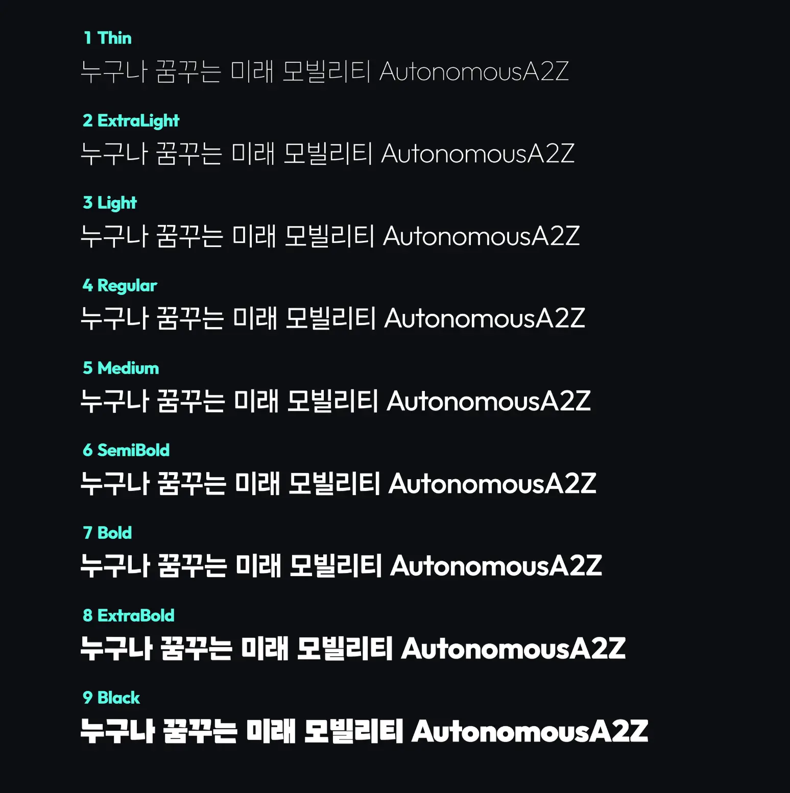 다양한 굵기의 한글과 영문 폰트 예시가 검은 배경에 나열되어 있다.