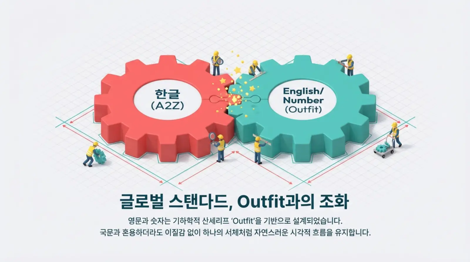두 개의 큰 톱니바퀴, 하나는 한글, 다른 하나는 영어/숫자로 작은 인부들이 작업하는 모습.