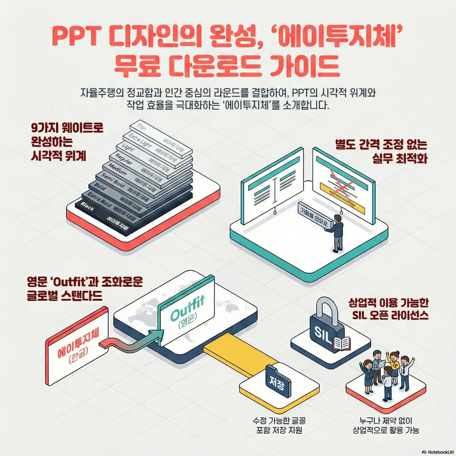 PPT 디자인용 에이투지체 무료 다운로드 안내, 9가지 웨이트, 실무 최적화, 글로벌 스탠다드, 상업적 사용 가능한 오픈 라이선스 설명.