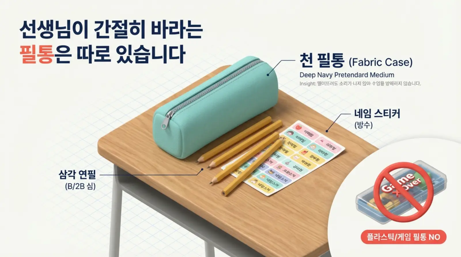 연필, 연필 케이스, 네임 스티커가 책상 위에 놓여 있고, 플라스틱 필통은 금지 표시됨.