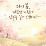 연분홍 벚꽃과 봄꽃이 피어난 들판에 "다시 봄, 따뜻한 바람에 안부를 실어 보냅니다"라는 손글씨가 적혀 있다.