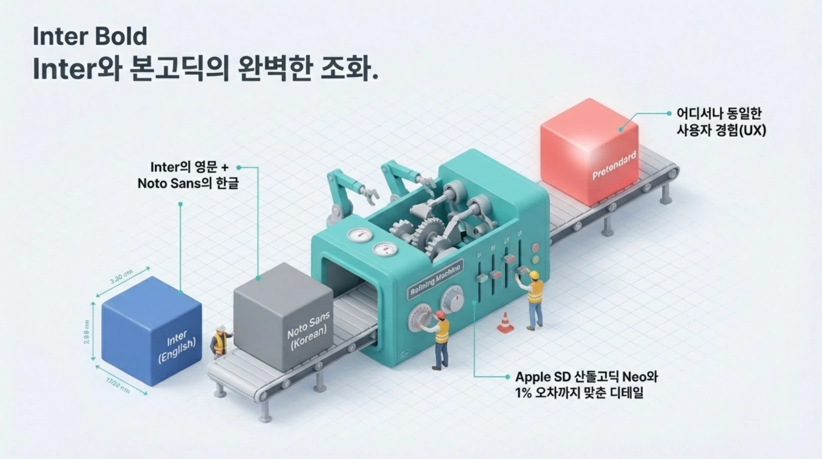 Inter와 Noto Sans 글꼴이 기계에서 Pretendard 글꼴로 결합되어 동일한 사용자 경험을 제공하는 과정을 시각화한 다이어그램.