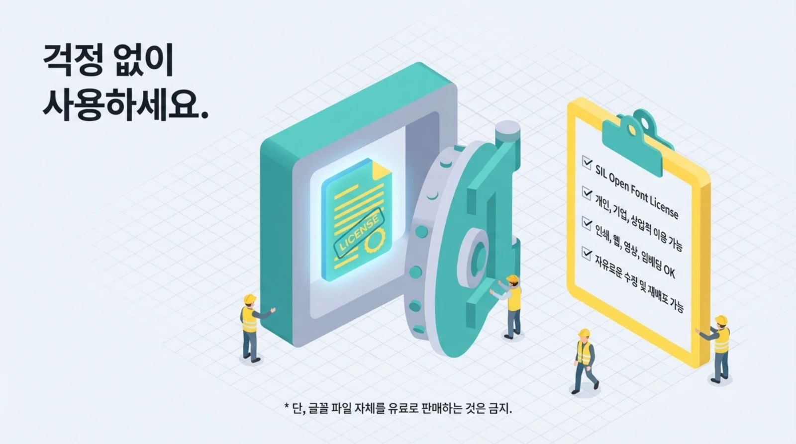 3D 일러스트 금고, 라이선스 문서, 체크리스트, 작업자, "걱정 없이 사용하세요" 문구가 있는 안전한 라이선스 안내 이미지.