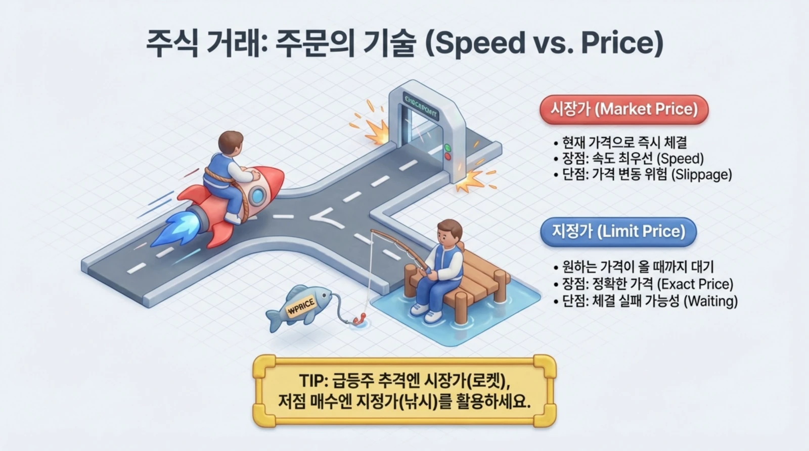 시장가는 로켓, 지정가는 낚시로 비유하며 각각의 장단점을 설명하는 주식 주문 방식 안내 이미지.