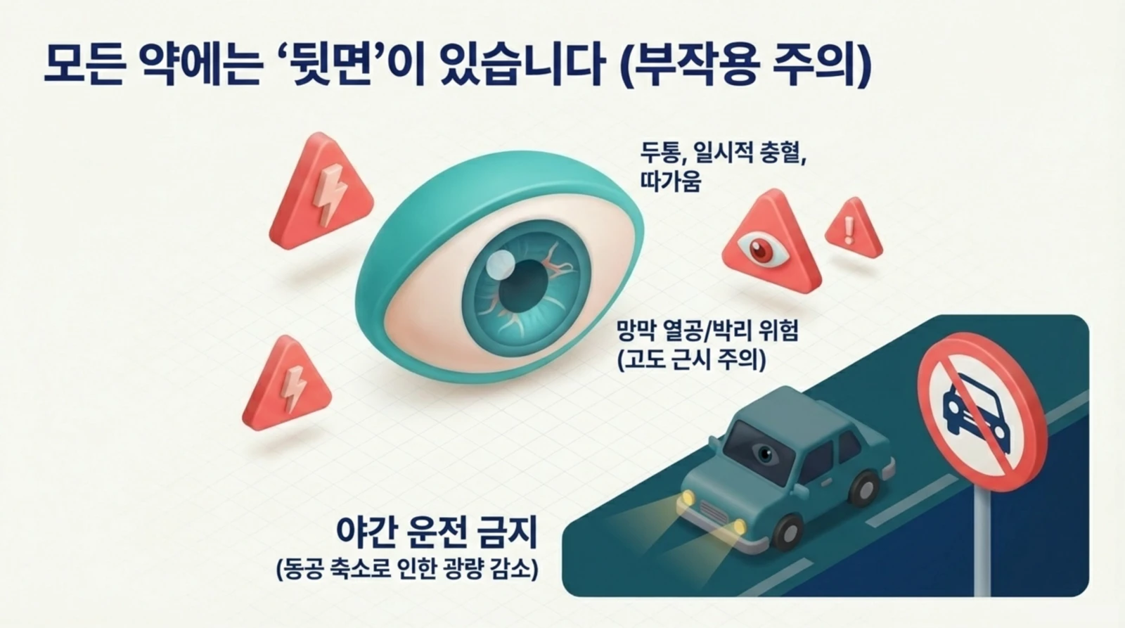 커다란 눈과 경고 표지, 자동차, 운전 금지 표지판이 있는 약 부작용 주의 안내 이미지.