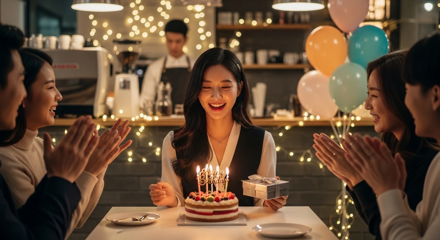 여성의 생일 파티에서 친구들이 박수를 치며 케이크와 선물을 축하해주고, 배경엔 풍선과 조명이 장식되어 있다.