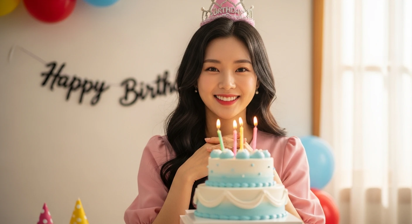 생일 파티에서 케이크와 촛불 앞에 앉아 웃고 있는 여성, 생일 왕관을 쓰고 있다.