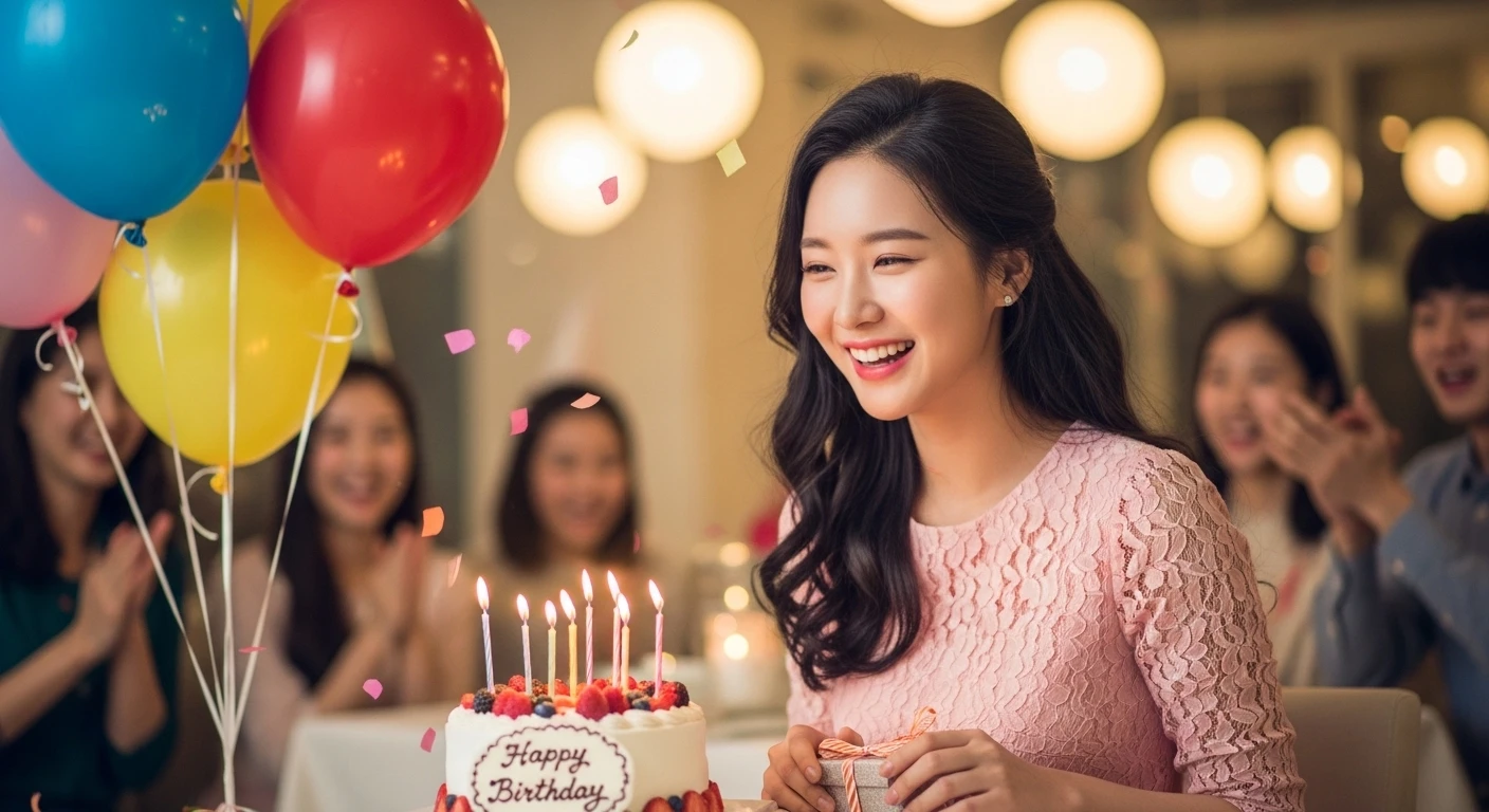 여자와 친구들이 생일 파티에서 케이크와 풍선 옆에서 웃고 있다. 각종 조명과 장식으로 밝고 즐거운 분위기이다.