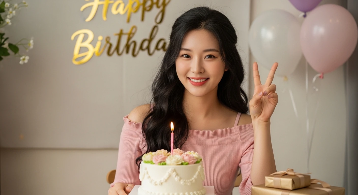 생일 케이크와 선물 앞에서 브이 포즈를 하는 젊은 여성, 배경에 풍선과 '해피버스데이' 장식이 있음.