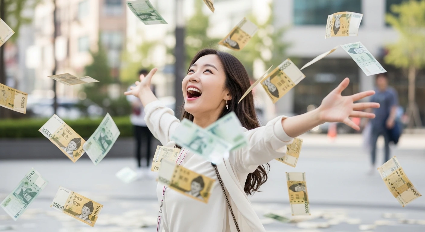 행복한 여성이 거리에서 한국 지폐가 흩날리는 가운데 두 팔을 벌리고 미소 짓고 있다.