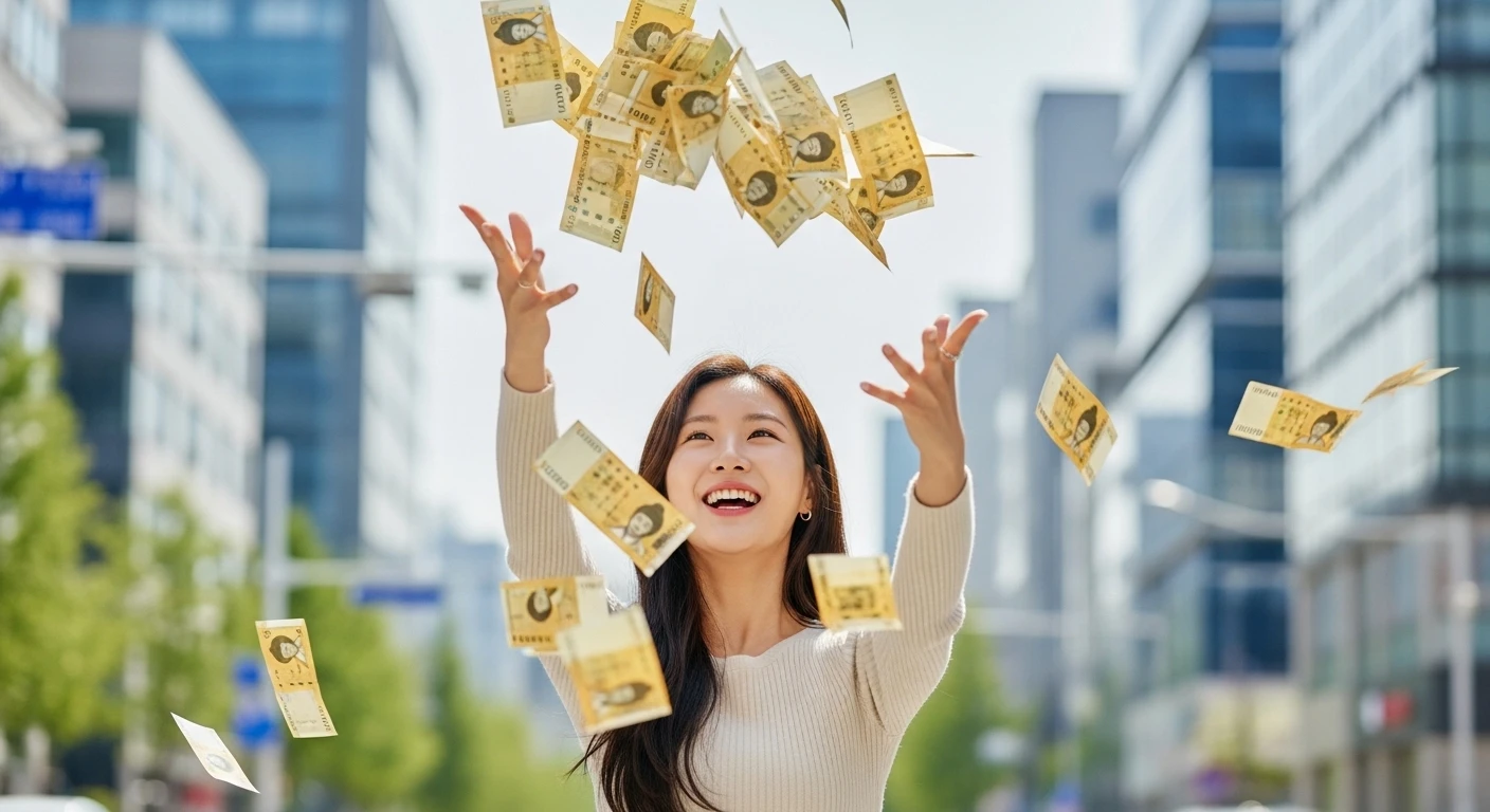 행복한 여성이 도심에서 돈을 공중에 던지며 웃고 있다.