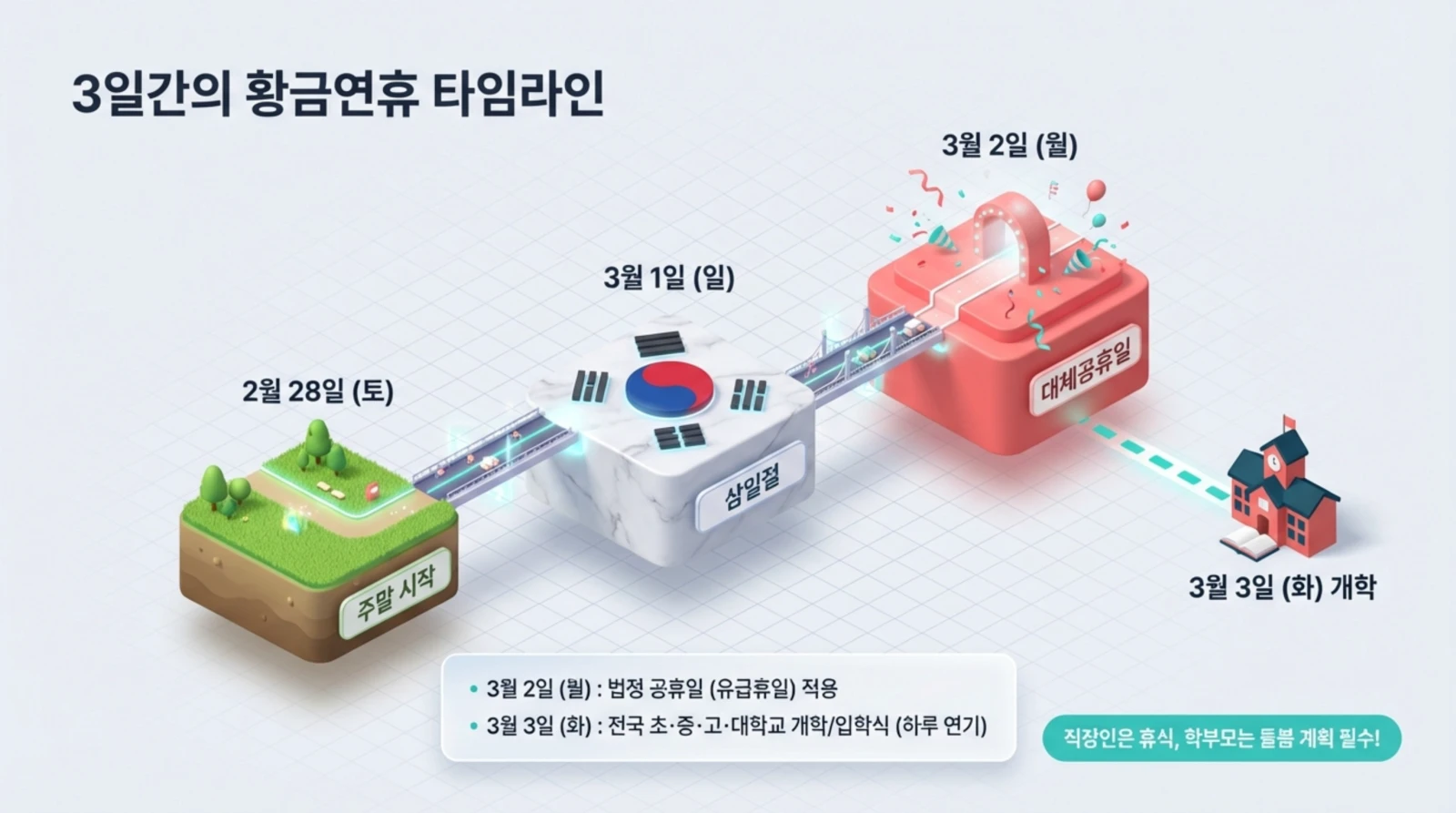 2월 28일부터 3월 3일까지 연휴 및 개학 일정을 요약한 타임라인 인포그래픽.
