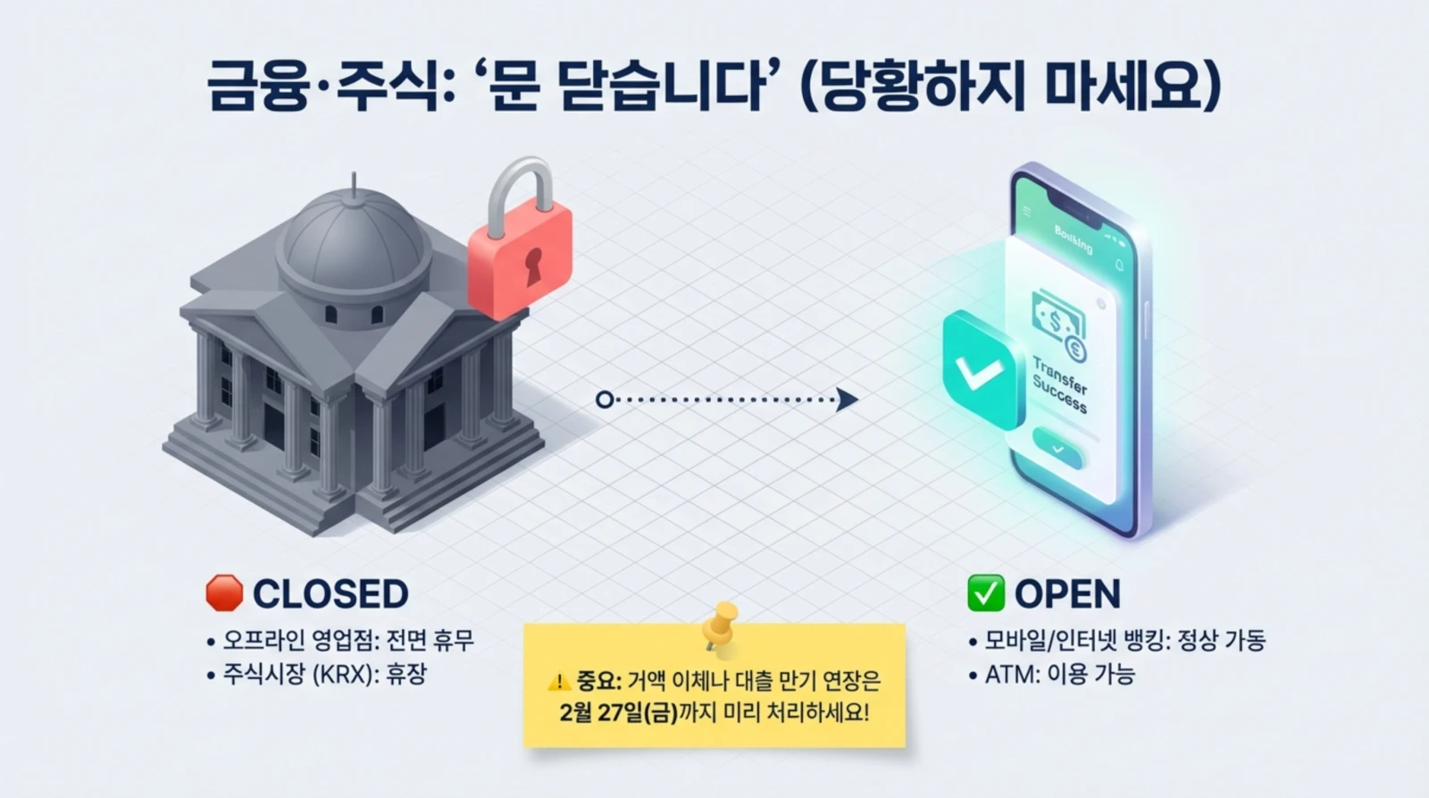 현대적인 은행 건물에 자물쇠, 스마트폰 뱅킹 성공 화면, 금융 휴무 안내 및 모바일 뱅킹/ATM 정상 이용 가능 안내.