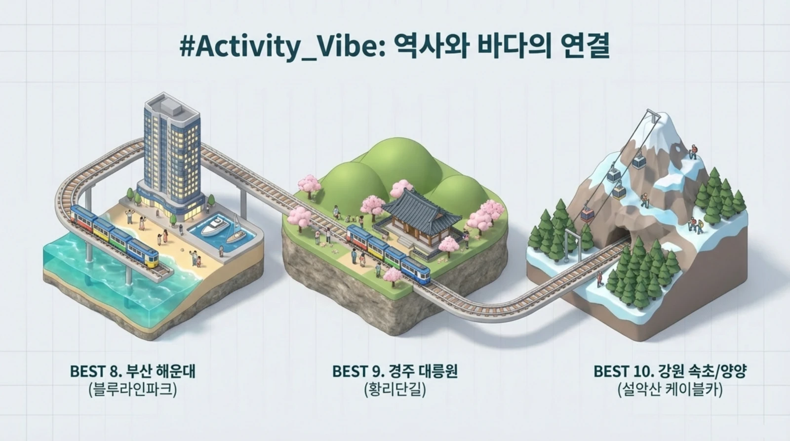 해변, 전통 건물, 설산 케이블카를 잇는 기차길과 사람들이 각 명소를 즐기고 있는 일러스트.