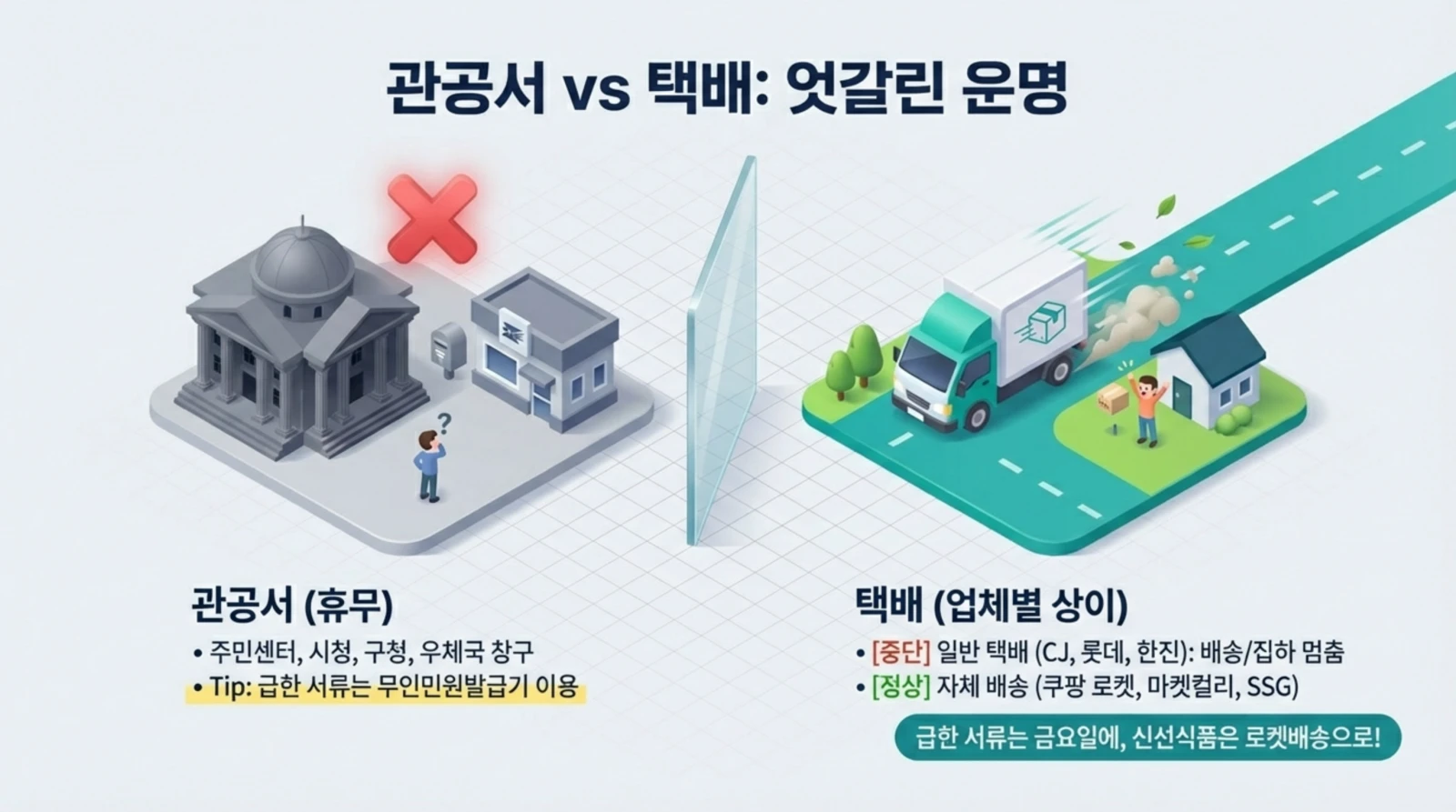 관공서와 택배의 휴무 여부 비교, 관공서는 휴무, 택배는 일부 정상 운영, 각각 건물과 트럭, 사람 아이콘으로 표현됨.