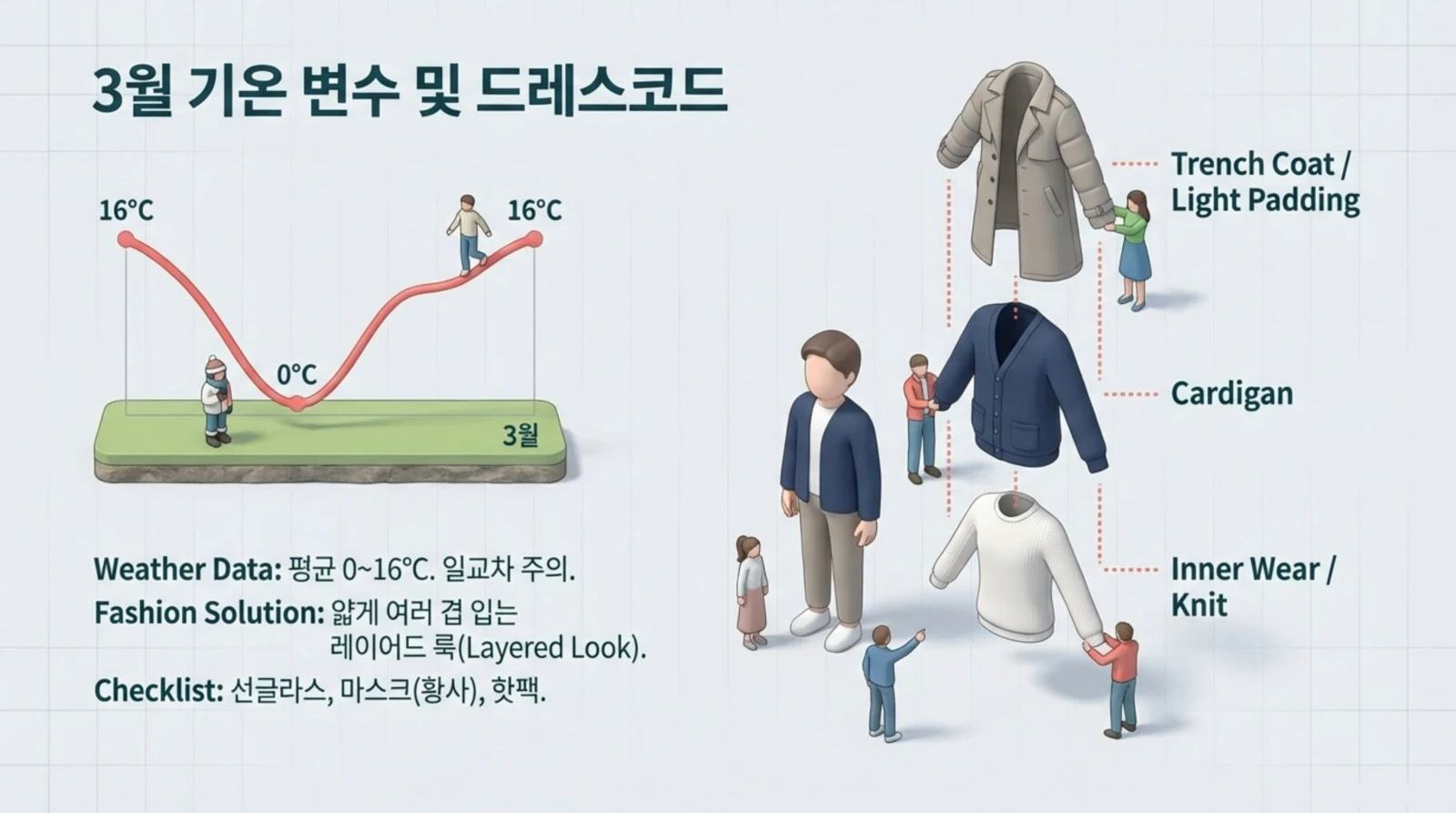 3월 기온 변화 그래프와 함께 트렌치코트, 가디건, 니트 등 3월 추천 레이어드 옷차림 안내 일러스트.