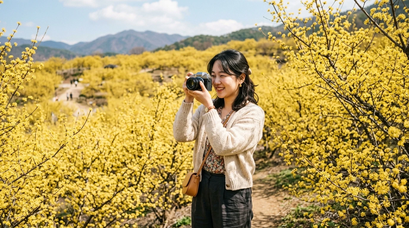 여성 한 명이 노란 꽃이 핀 들판에서 카메라로 사진을 찍으며 미소 짓고 있다.