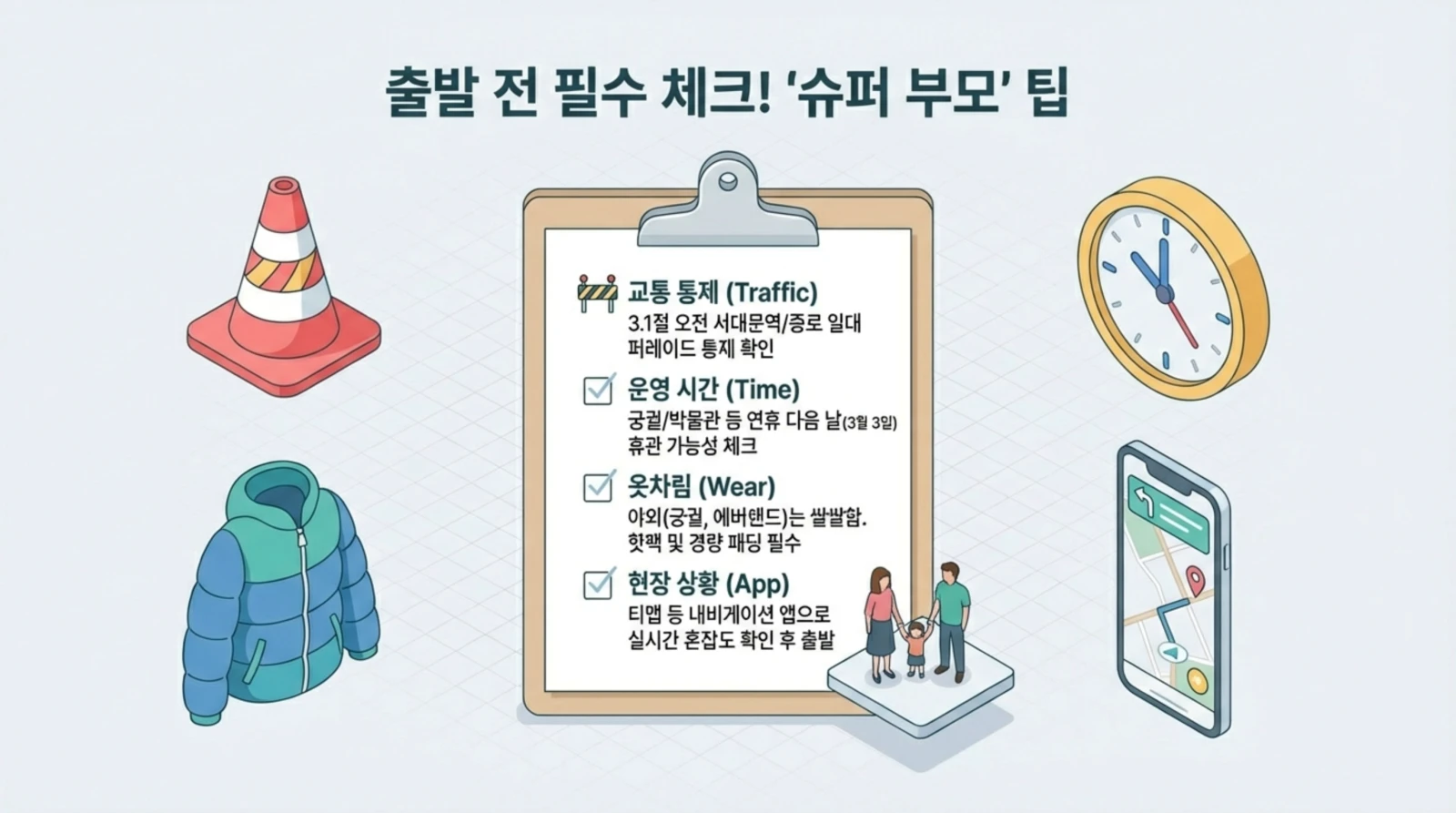 교통 통제, 운영 시간, 옷차림, 현장 상황 등 출발 전 필수 체크리스트가 적힌 클립보드와 관련 아이콘들.