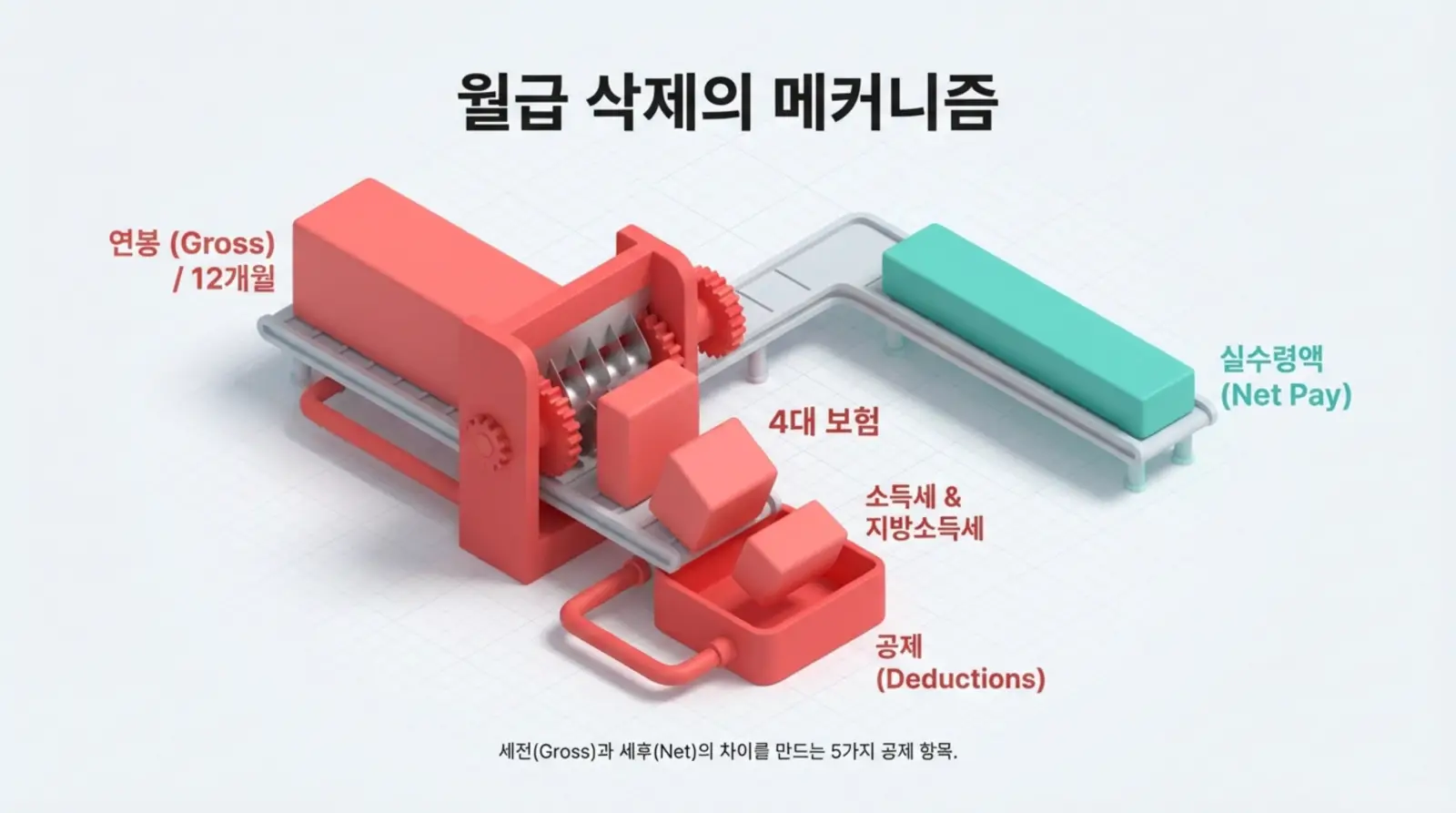 월급에서 연봉, 세금, 보험 등 공제를 거쳐 실수령액이 계산되는 과정을 나타내는 3D 일러스트.