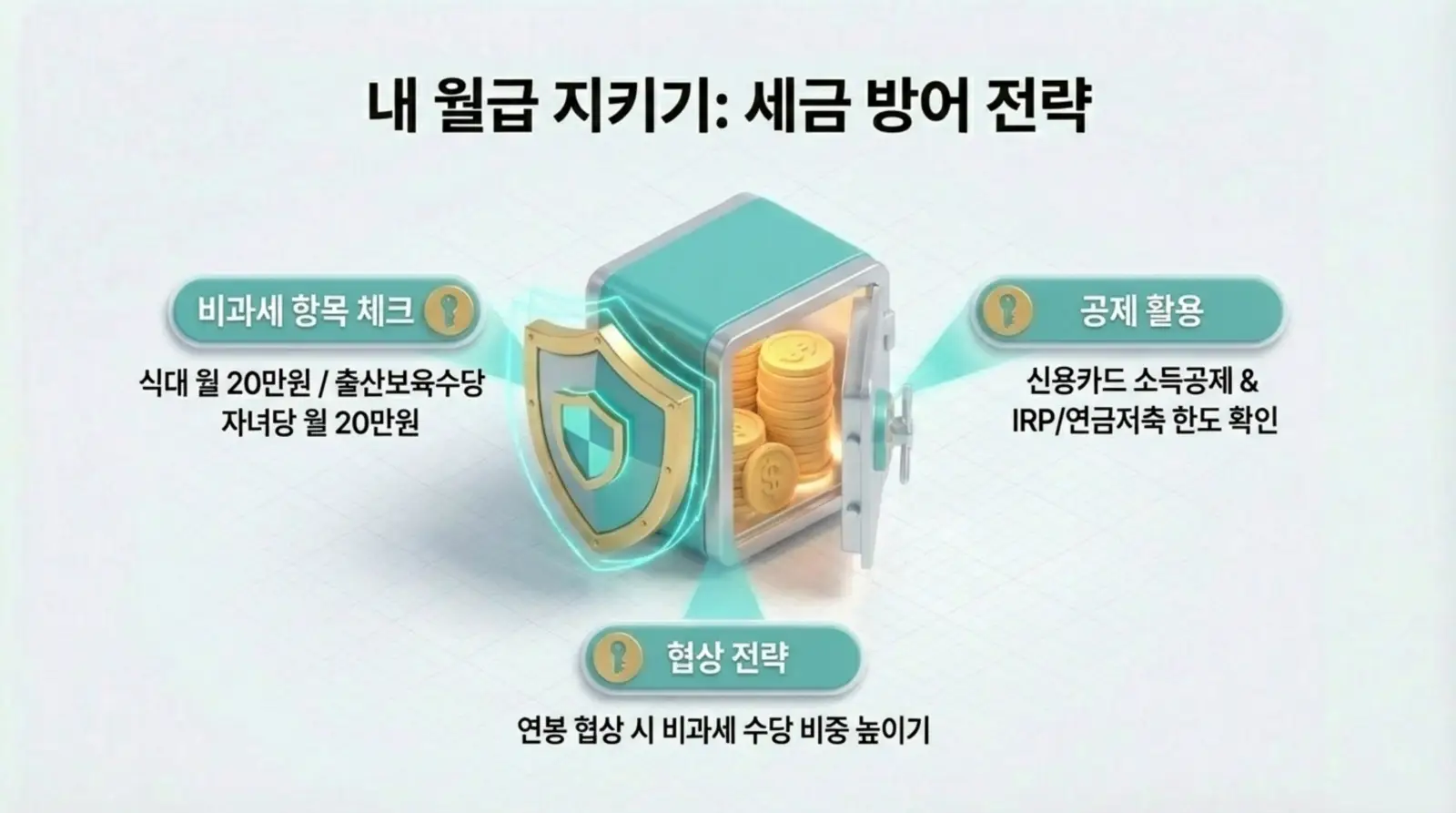 세금 방어 전략 설명 이미지, 금고와 동전, 비과세 항목, 공제 활용, 협상 전략에 대한 정보가 포함되어 있음.