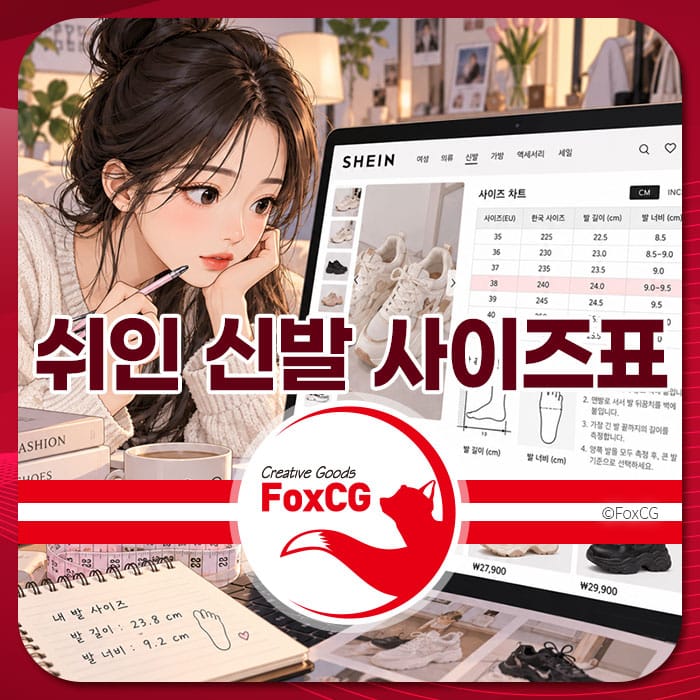 쉬인 신발 사이즈 차트를 확인하는 여성의 모습, 해외직구 신발 사이즈 계산기를 통해 정확한 치수 선택을 돕는 이미지.