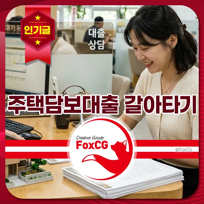 은행 창구에서 대출 상담을 받으며 미소 짓는 여성, 책상 위에 서류와 컴퓨터가 보임.