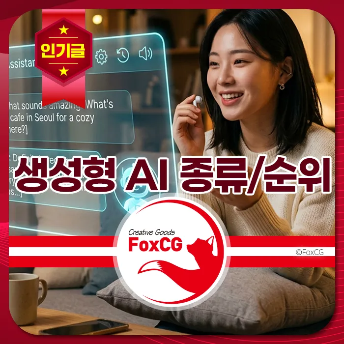 노트북 앞에서 대화형 AI 화면을 보며 미소 짓는 여성, ‘생성형 AI 종류/순위’라는 문구가 강조되어 있음.