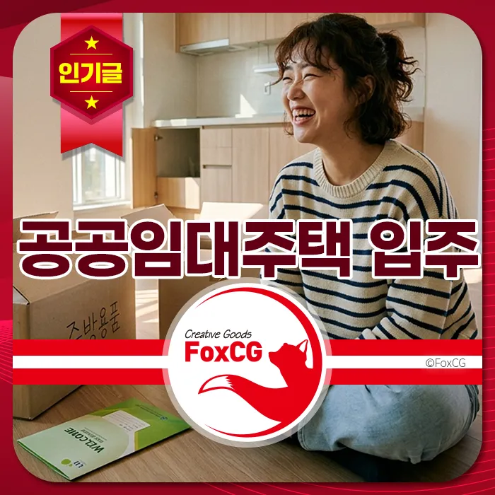 웃고 있는 여성이 박스 옆에 앉아 있는 공공임대주택 입주 장면.