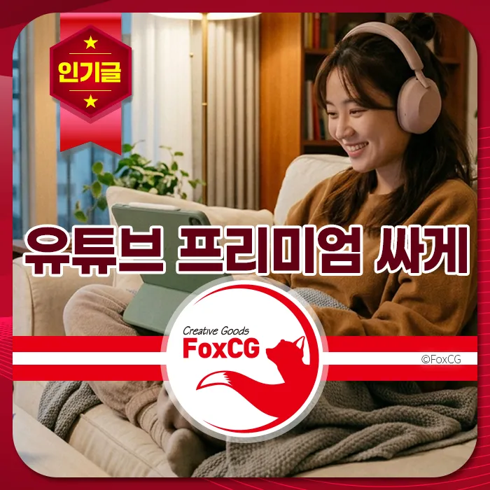 헤드폰을 쓰고 소파에 앉아 태블릿을 사용하는 여성이 미소 짓고 있음. "유튜브 프리미엄 싸게"라는 문구가 보임.
