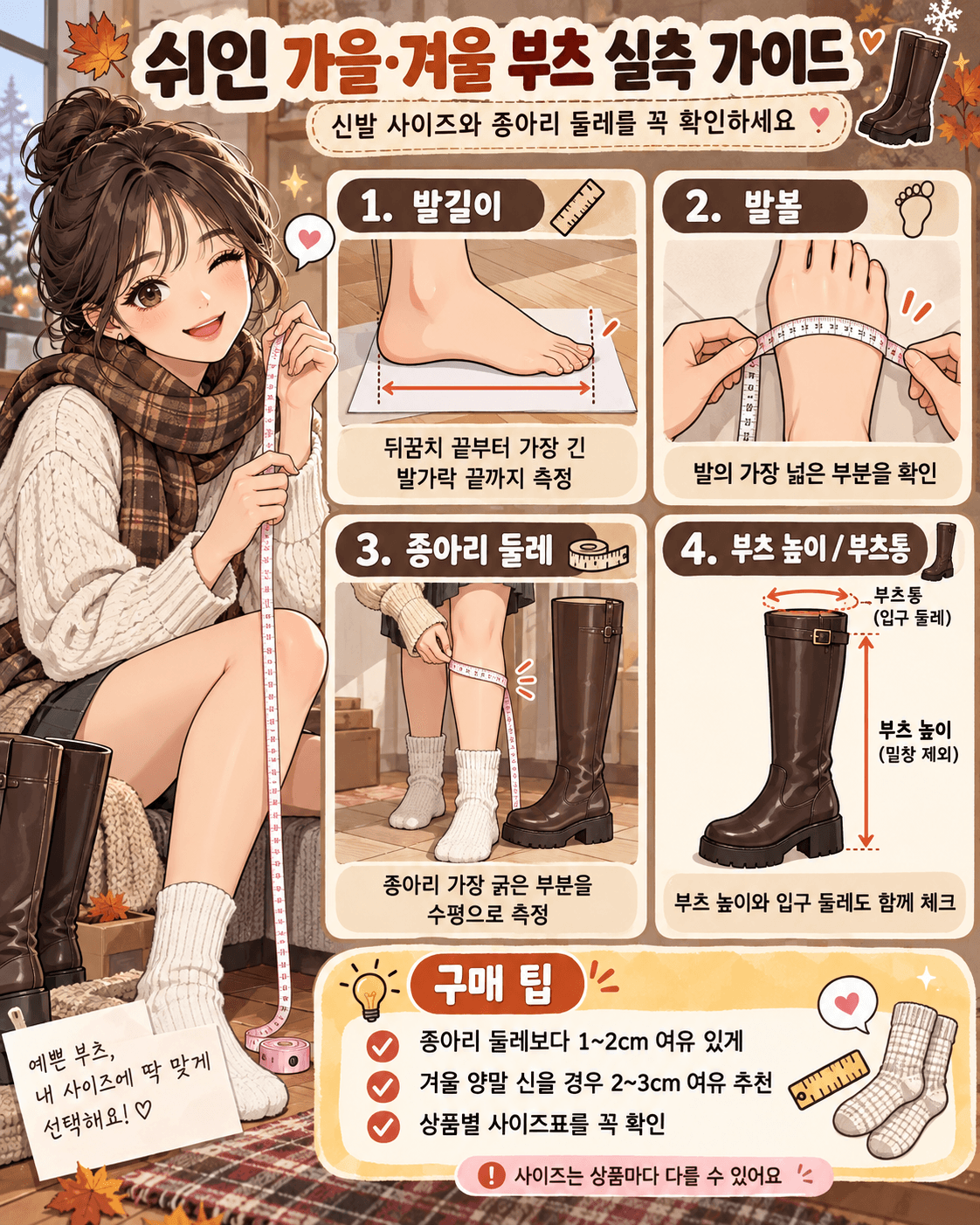 쉬인 신발 사이즈 및 해외직구 신발 사이즈 계산기를 위한 가이드 이미지로, 발 길이와 발볼, 종아리 둘레, 부츠 높이를 측정하는 방법을 설명합니다. 신발 사이즈와 종아리 둘레를 정확히 확인하여 적합한 신발을 선택하는 데 도움을 줍니다.