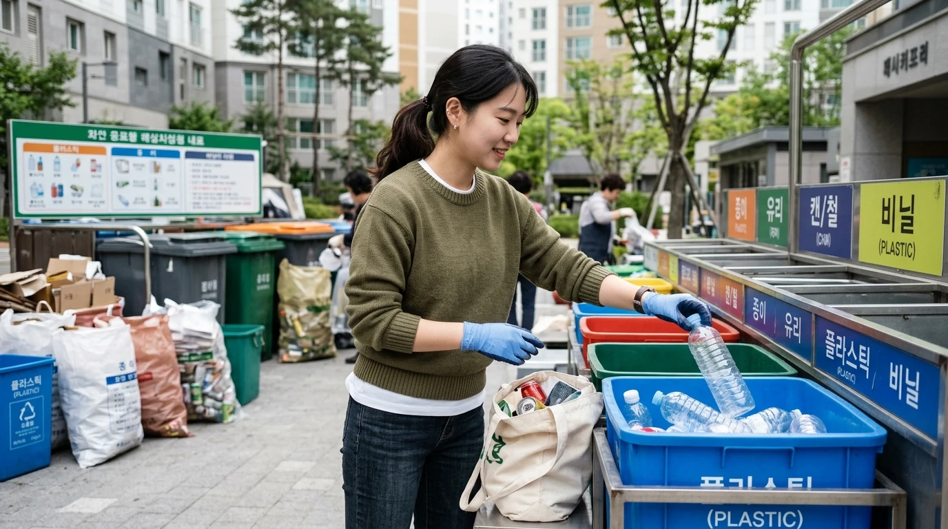 재활용 분리수거 구역에서 젊은 여성이 파란색 플라스틱 통에 페트병을 분리수거하며 미소 짓고 있는 아파트 단지 풍경.