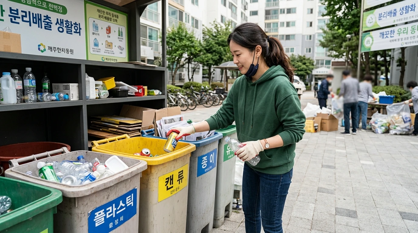 재활용 분리수거장에서 여성 주민이 플라스틱과 캔을 분류하며 친환경 생활 실천, 깨끗한 아파트 단지 환경 조성을 위해 노력하는 모습.