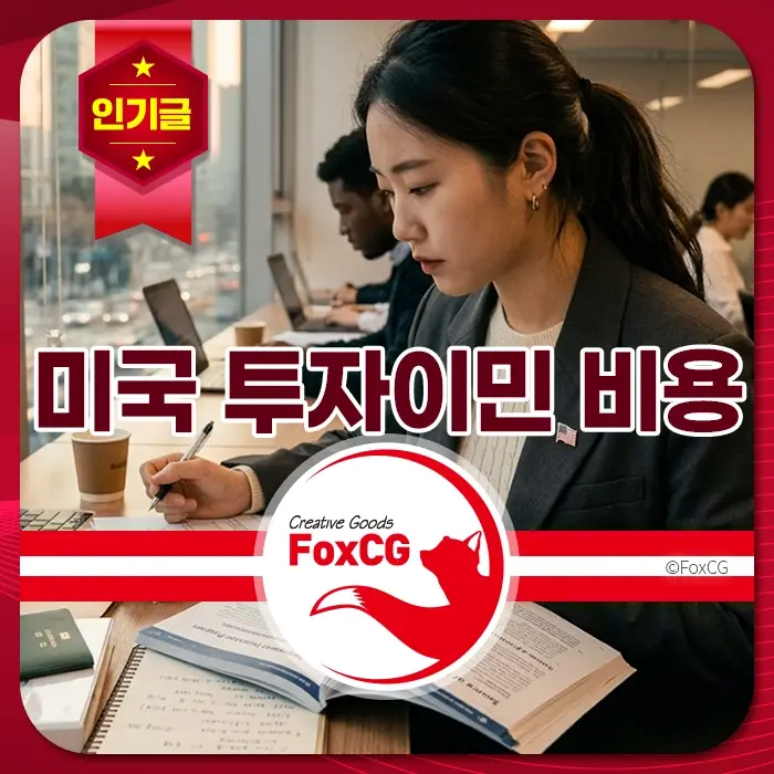 미국 투자이민 준비 중인 직장인 여성이 서류와 노트북을 확인하며 집중하는 모습, 미국 투자이민 비용 키워드 강조