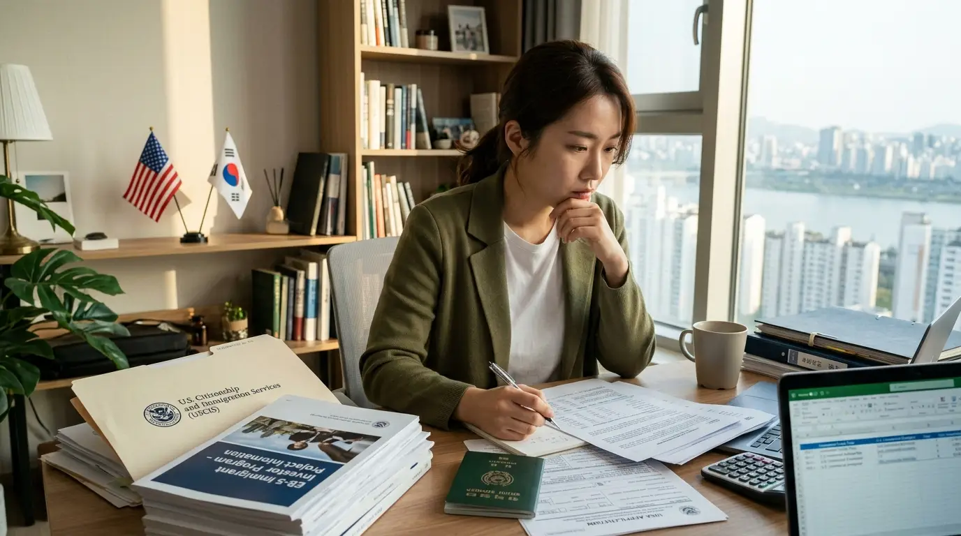 미국 영주권 비자 신청 서류와 여권, 미국과 한국 국기 앞에서 집중해 이민 서류를 작성하는 여성, 밝은 오피스와 도시 전망 포함