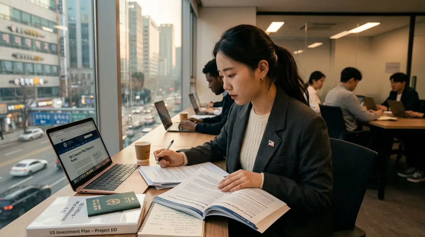 직장인 여성 근무자가 대도시 오피스에서 노트북과 서류, 여권을 두고 집중해 투자 계획 업무를 처리하는 현대적 사무실 풍경
